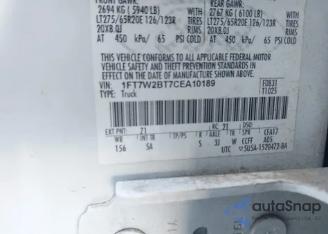 2012 Ford F-250 Lariat z USA, uszkodzony, nr VIN 1FT7W2BT7CEA10189